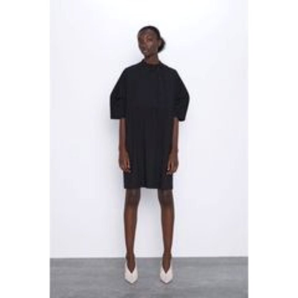 Zara Dress Black Minimalist Lagenlook Baby Doll Mixed Media LARGE #0085/634/800